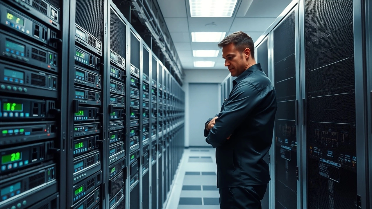 salle serveur avec racks et technicien en inspection