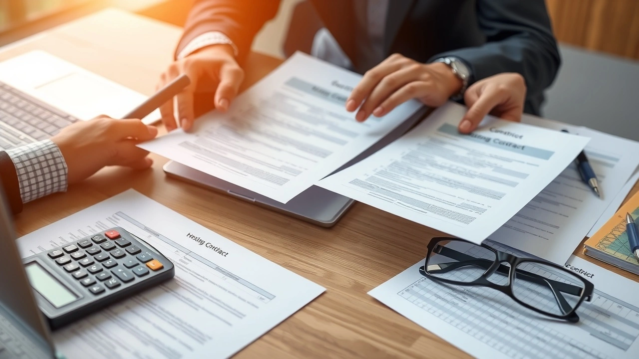 personne comparant contrats hebergement avec ordinateur et papiers