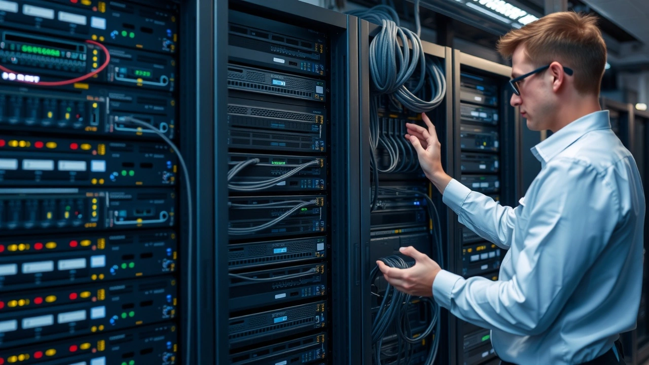 technicien configurant des serveurs dans une salle serveur ronde