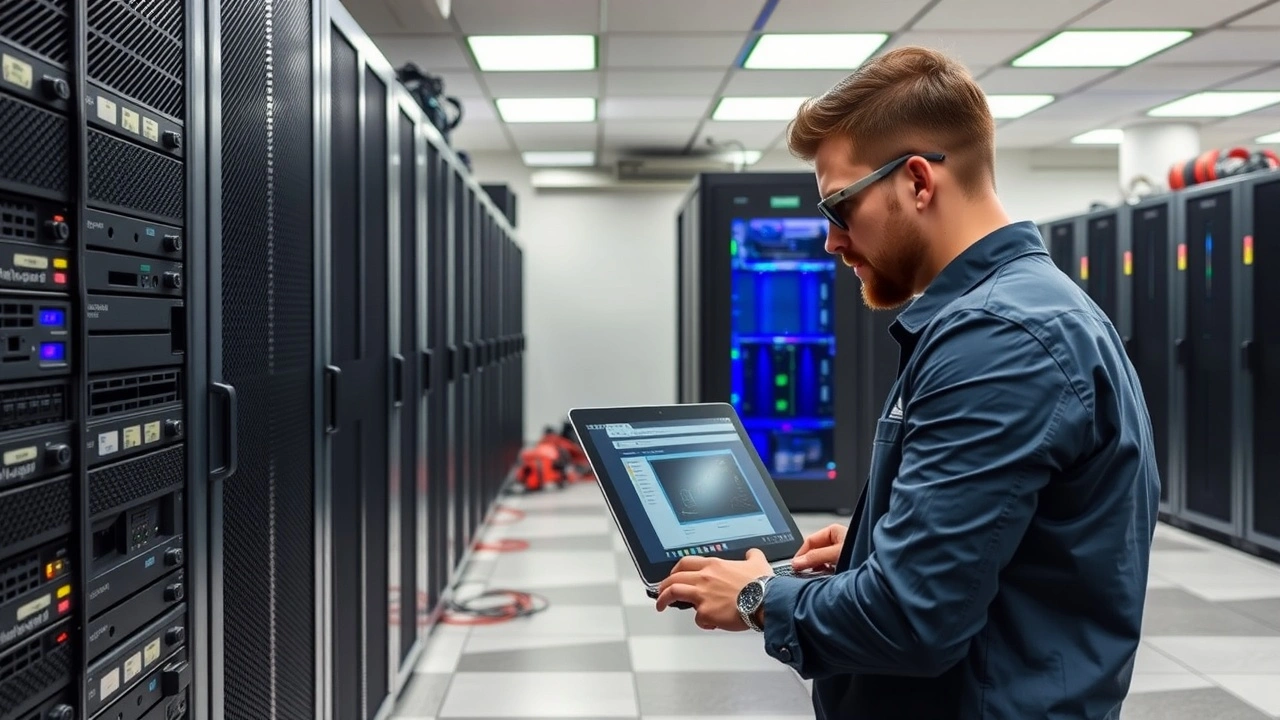 technicien configurant des serveurs dans une salle serveur propre