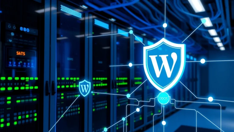 Salle de serveurs moderne illustrant la protection WordPress contre les attaques DDoS