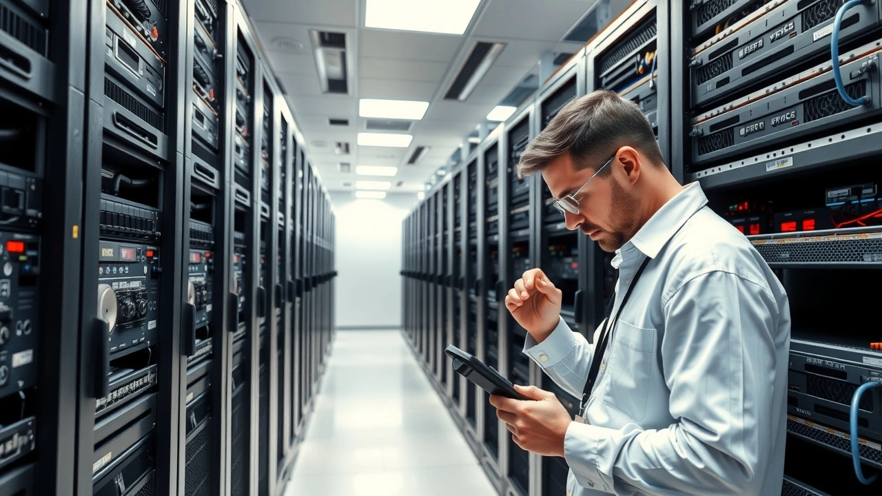 salle serveur avec technicien et racks serveurs detailes