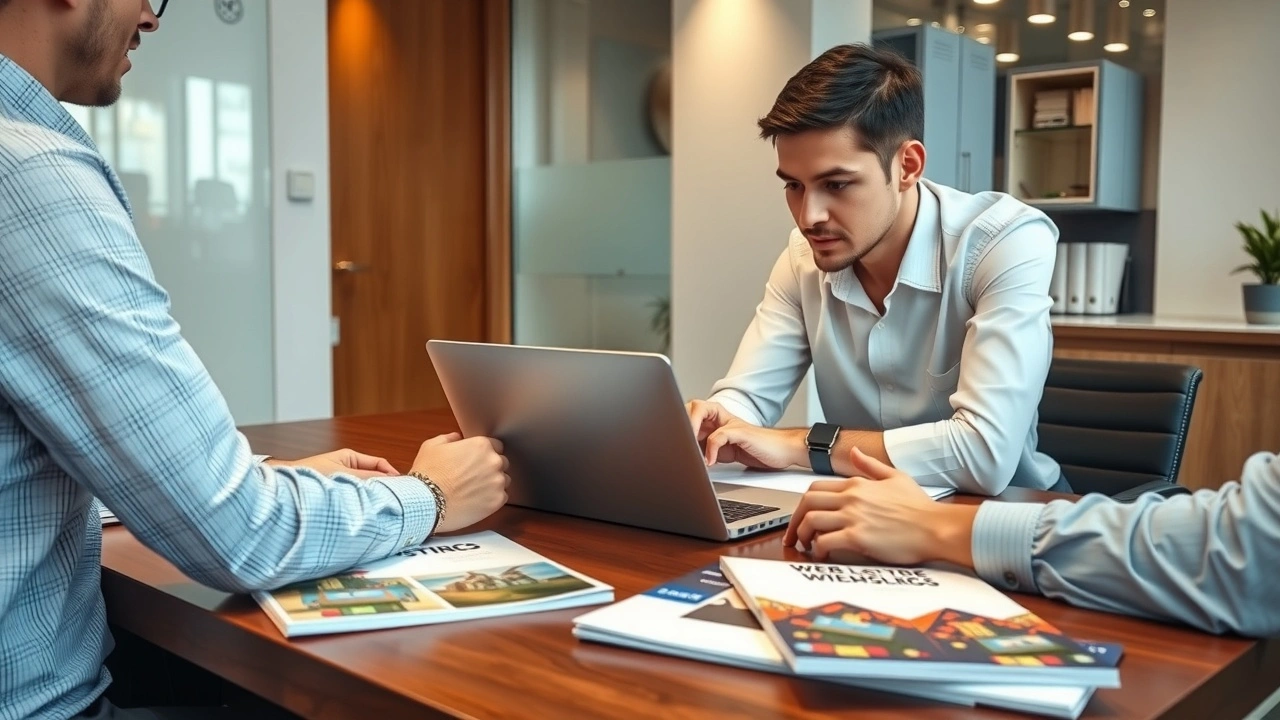 deux personnes discutent hebergement web avec ordinateur et catalogues