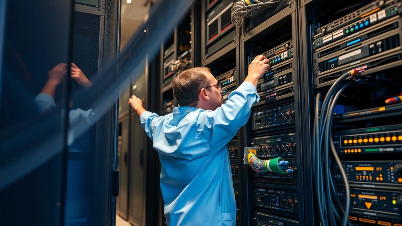techniciens entretenant un serveur dans un centre de donnees