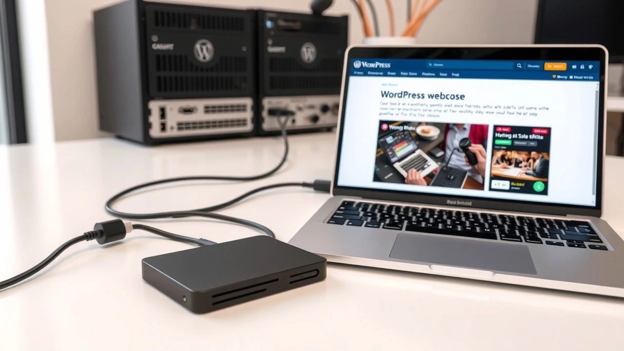 ordinateur avec site wordpress et disque dur ssd sur bureau