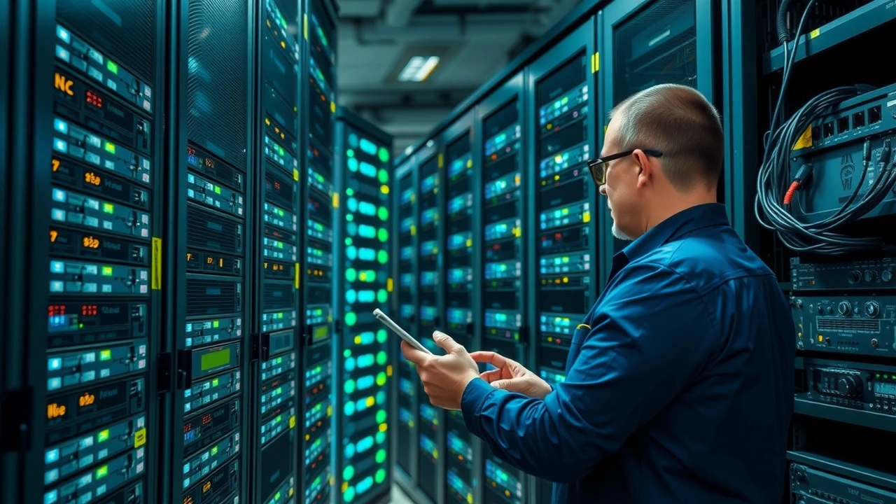 personne examinant des serveurs dans un centre de donnees