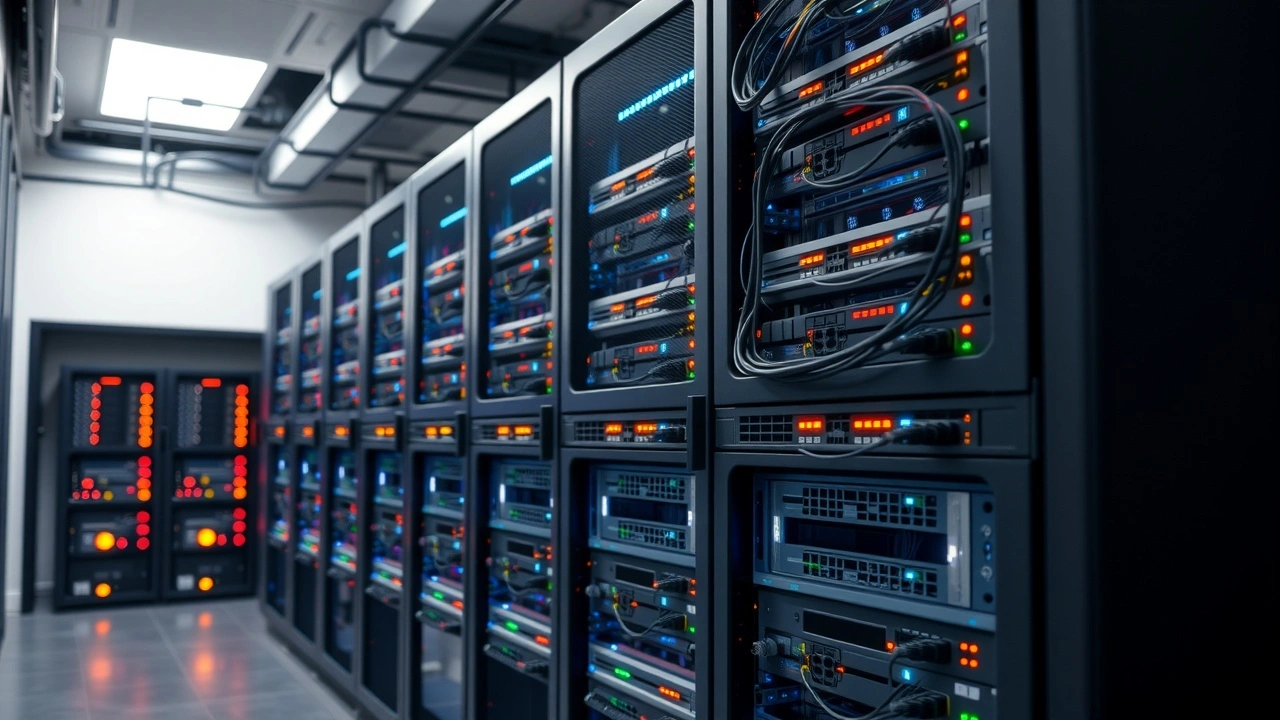 rangées de serveurs avec câbles lumière en salle informatique