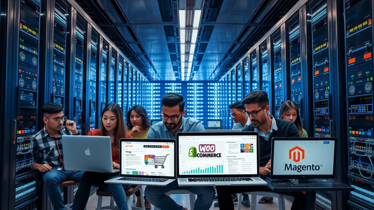 Salle serveurs moderne illustrant un hebergement optimise pour ecommerce et differents CMS