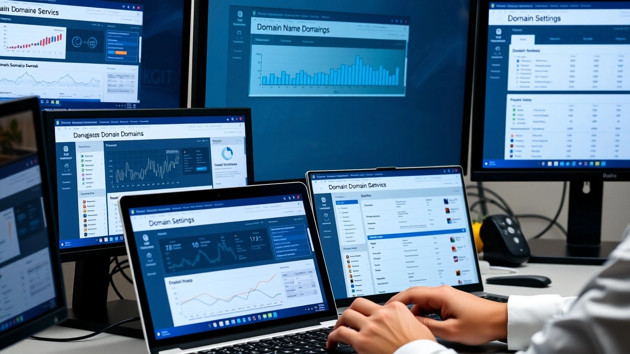 personne gerant plusieurs tableaux de noms de domaine sur ecrans