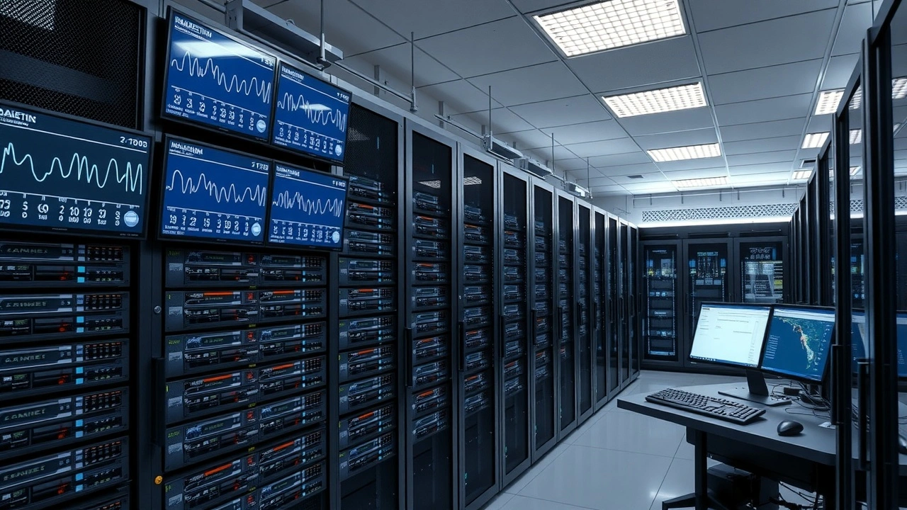 salle serveur moderne avec ecrans de surveillance et panneaux de controle