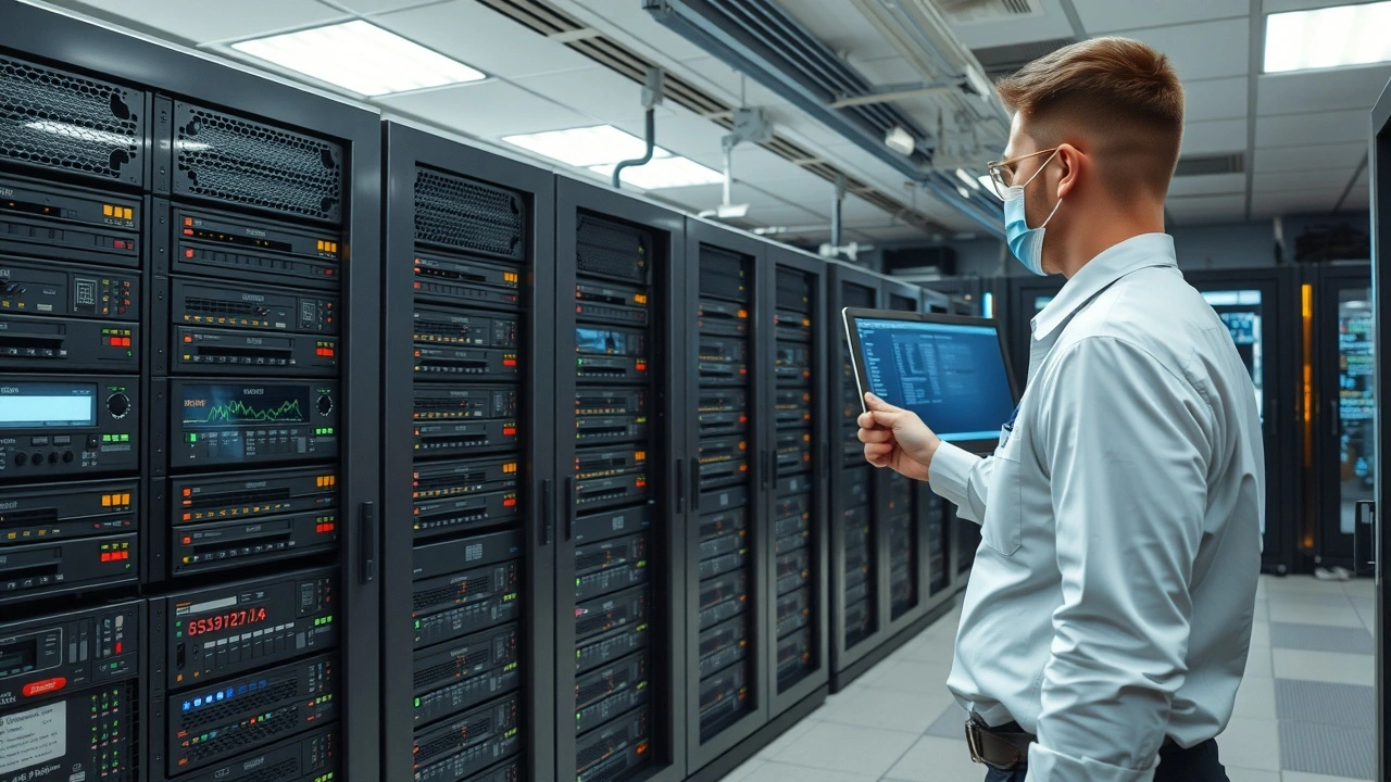 technicien surveillant des serveurs dans une salle informatique claire
