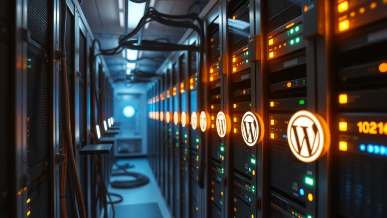 Salle de serveurs moderne illustrant lhebergement WordPress fiable et la disponibilite continue