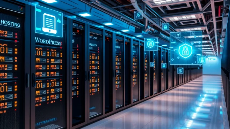 Salle de serveurs moderne illustrant loptimisation de la securite WordPress avec mises a jour automatiques et sauvegardes