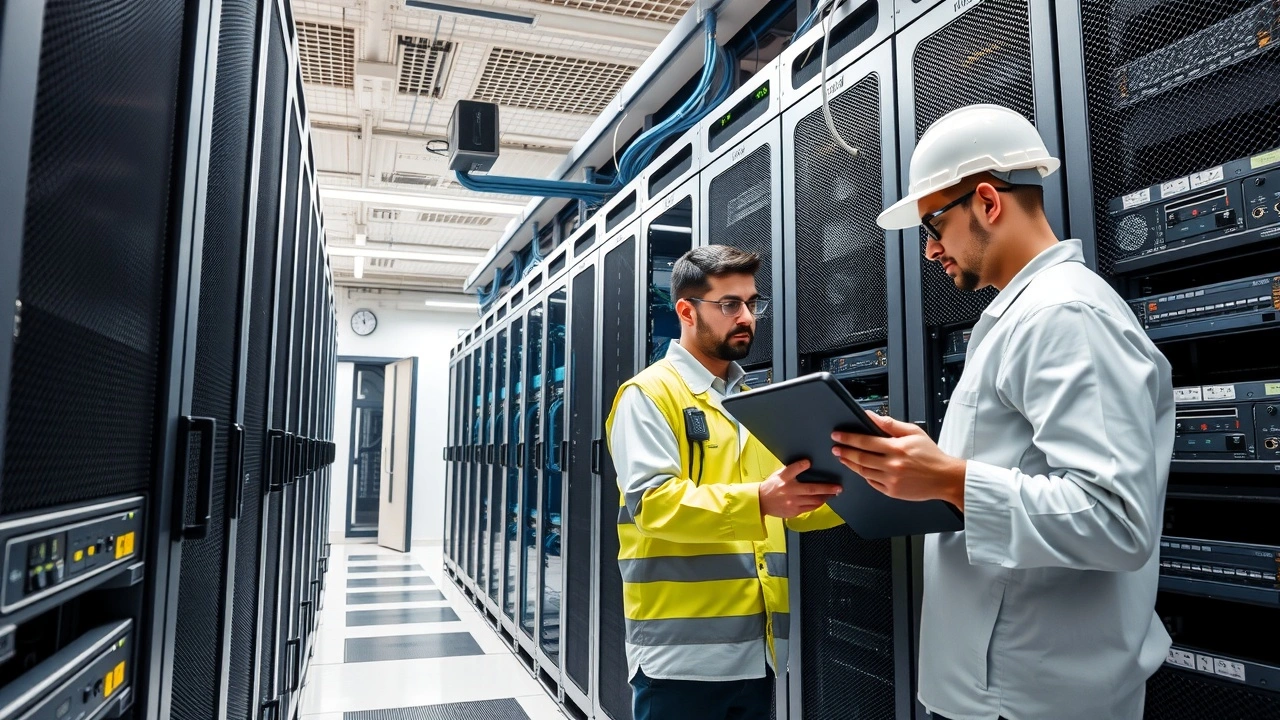 technicien effectuant maintenance dans salle serveurs dedies moderne