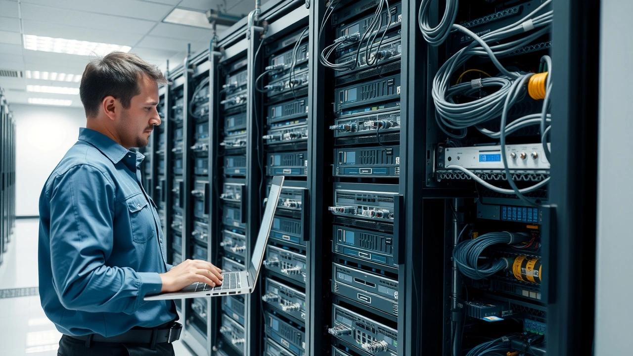 technicien qui maintient des serveurs dans une salle informatique