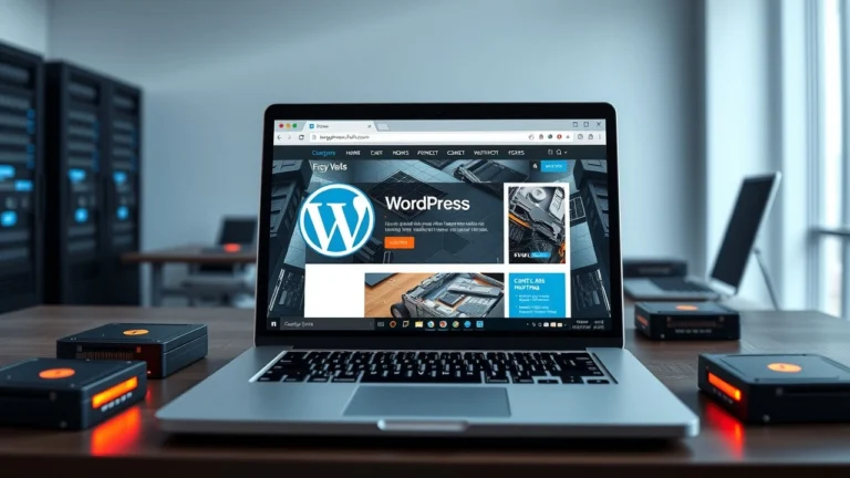 Ordinateur portable affichant un site WordPress performant avec des disques SSD lumineux