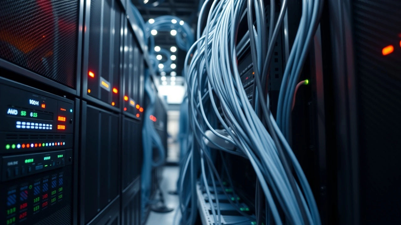 serveur avec cables reseau et lumiere de fonctionnement