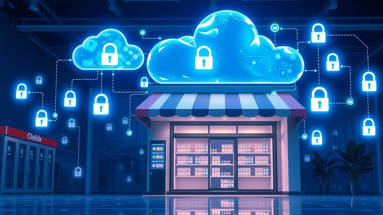 Illustration photorealiste montrant la performance et la securite du cloud pour les boutiques en ligne modernes