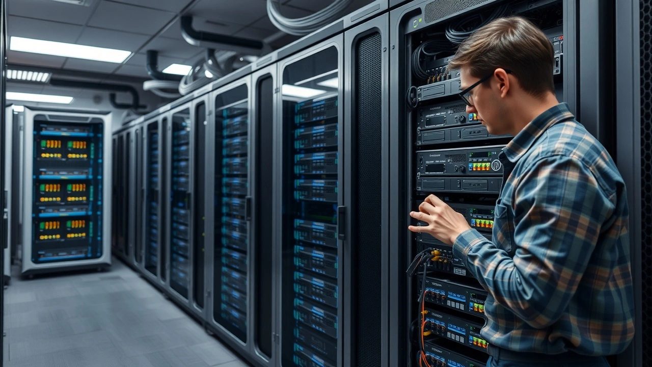 technicien configurant des serveurs dans une salle informatique