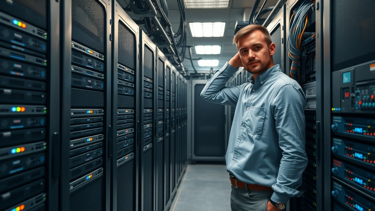 technicien configure un serveur dans une salle de serveurs ordonnee