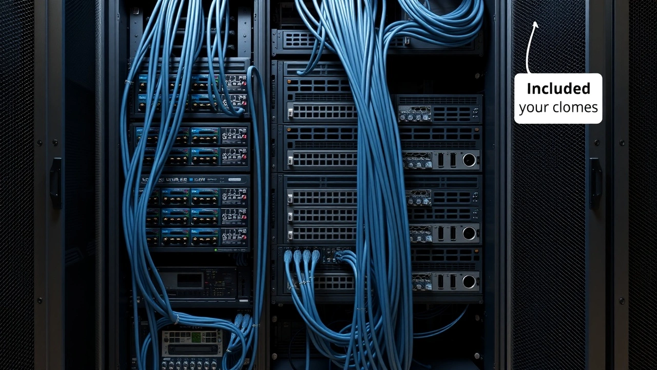 photo realistiqe d un rack serveur avec cables et materiel