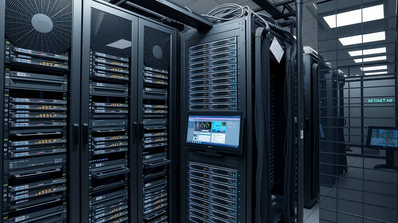 salle de serveurs dediés avec cables et ecrans de gestion