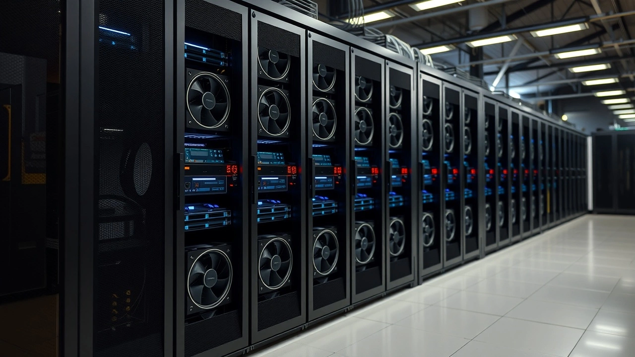 baie de serveurs dediés moderne allumée vue rapprochée