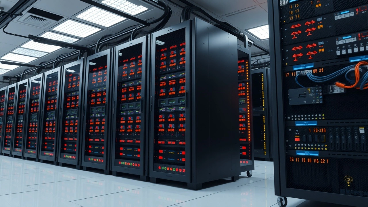 salle de serveurs pour hebergement web avec cables et voyants