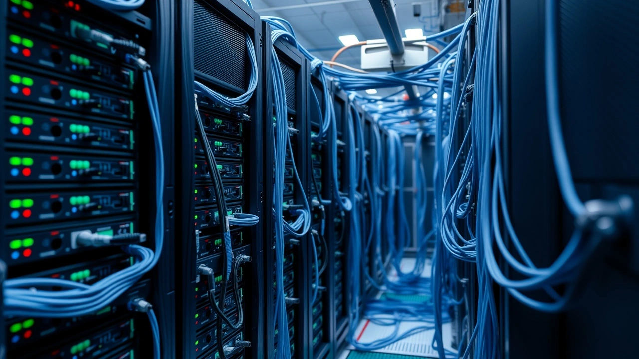 rangées de serveurs connectés dans un centre de données wordpress