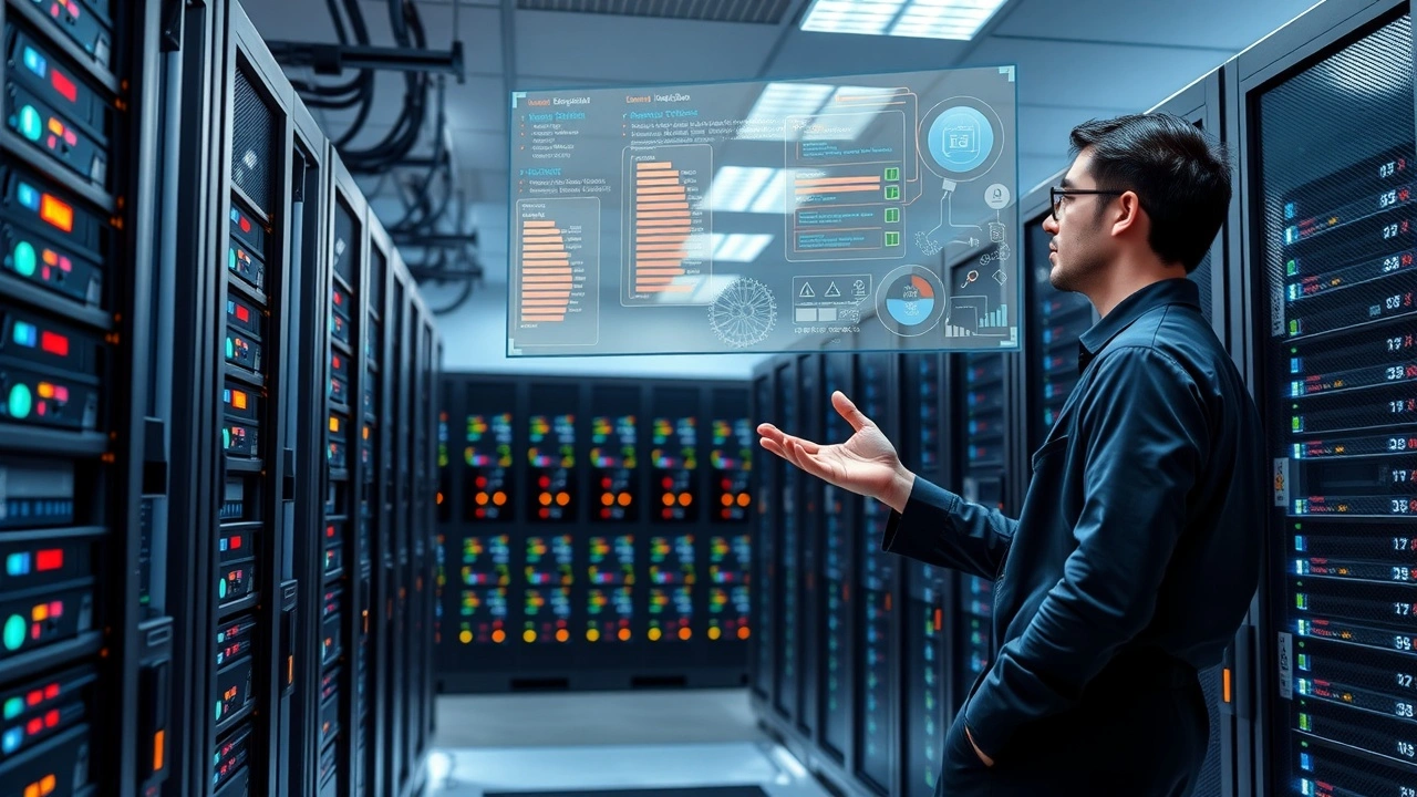 Salle de serveurs dédiés avec un ingénieur analysant les options techniques pour un hébergement performant