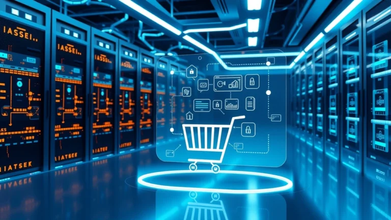 Centre de donnees futuriste illustrant strategie d hebergement innovante pour boutique en ligne