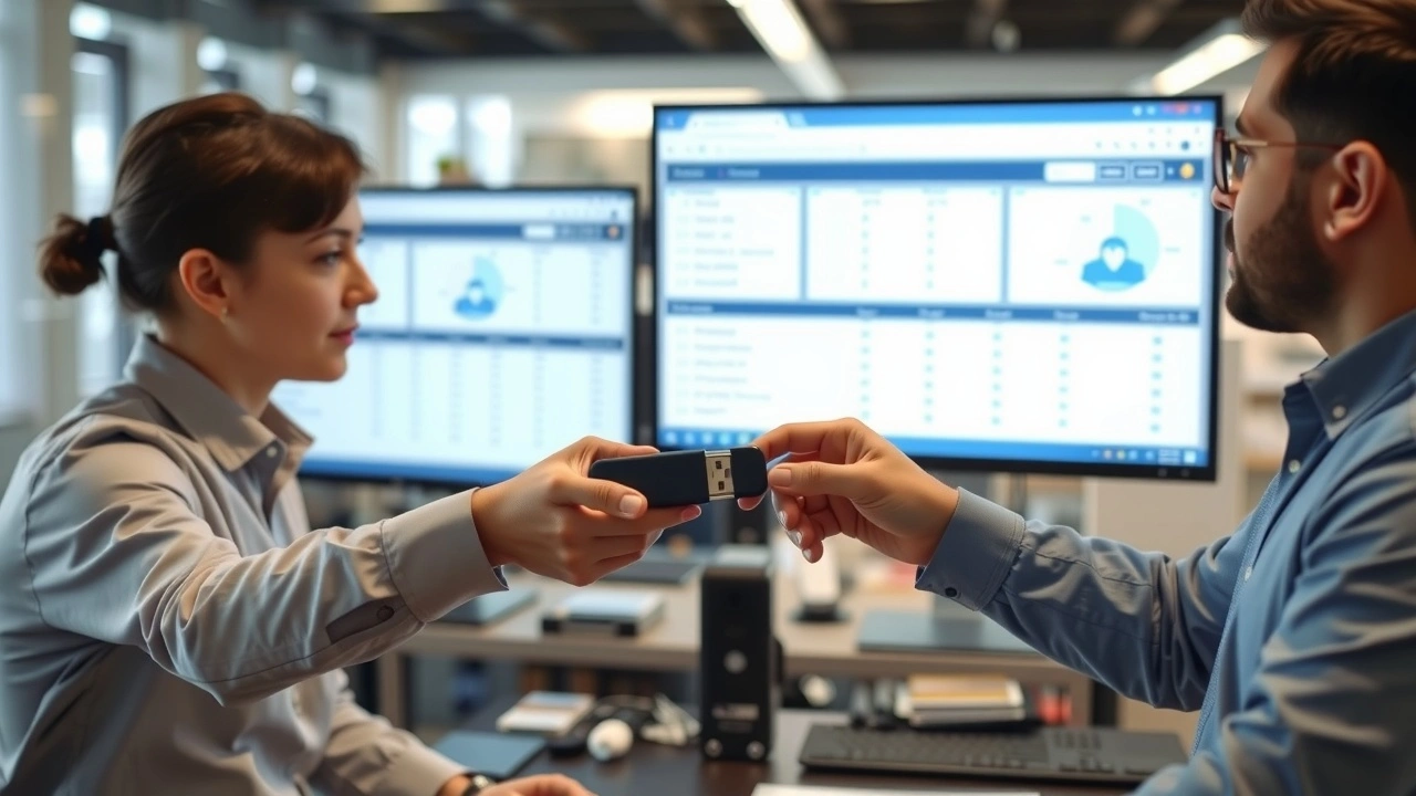 deux personnes echangent une cle usb en bureau