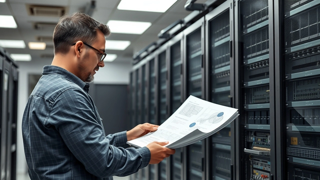 personne analysant documents avec serveur dedie en salle informatique