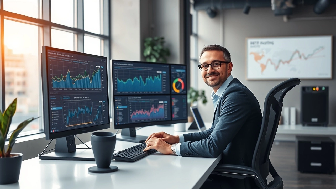 Entrepreneur analysant des comparaisons automatisées dhébergeurs web performants