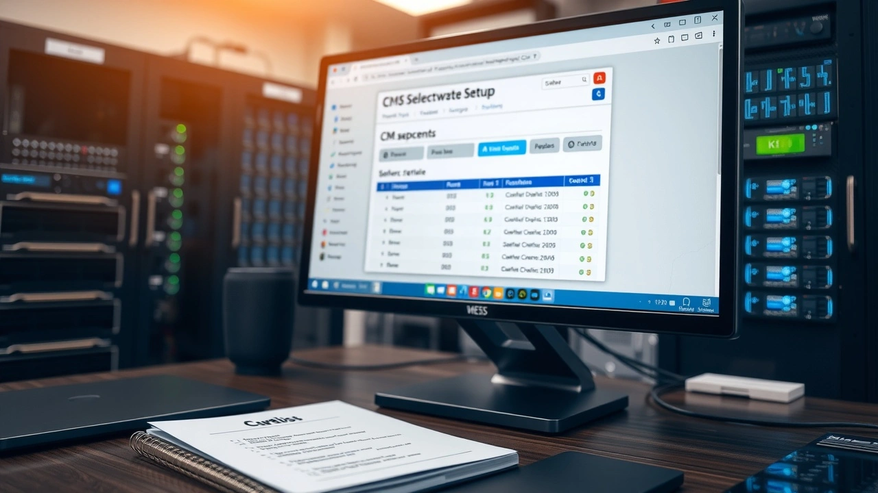 espace de travail avec ordinateur cms et materiel serveur