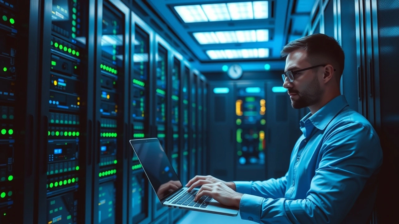 Salle de serveurs dedicaces performants et evolutifs avec ingenieur en action