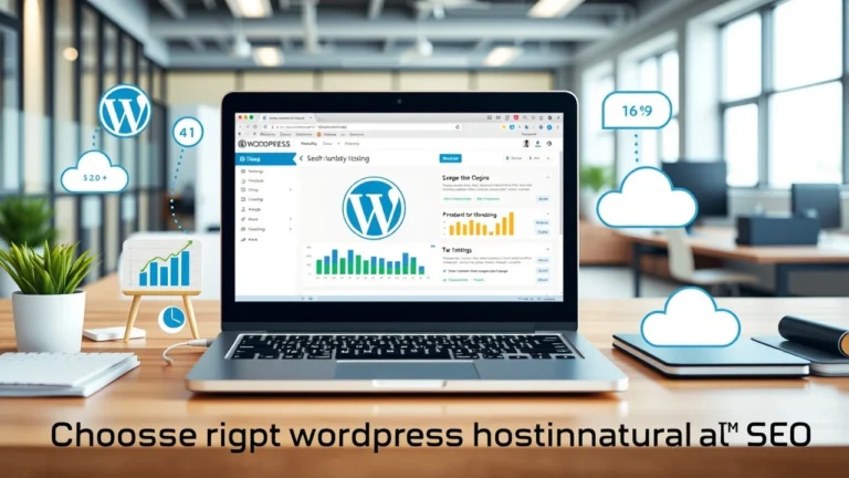 ordinateur avec tableau de bord WordPress et icones SEO en environnement de travail moderne