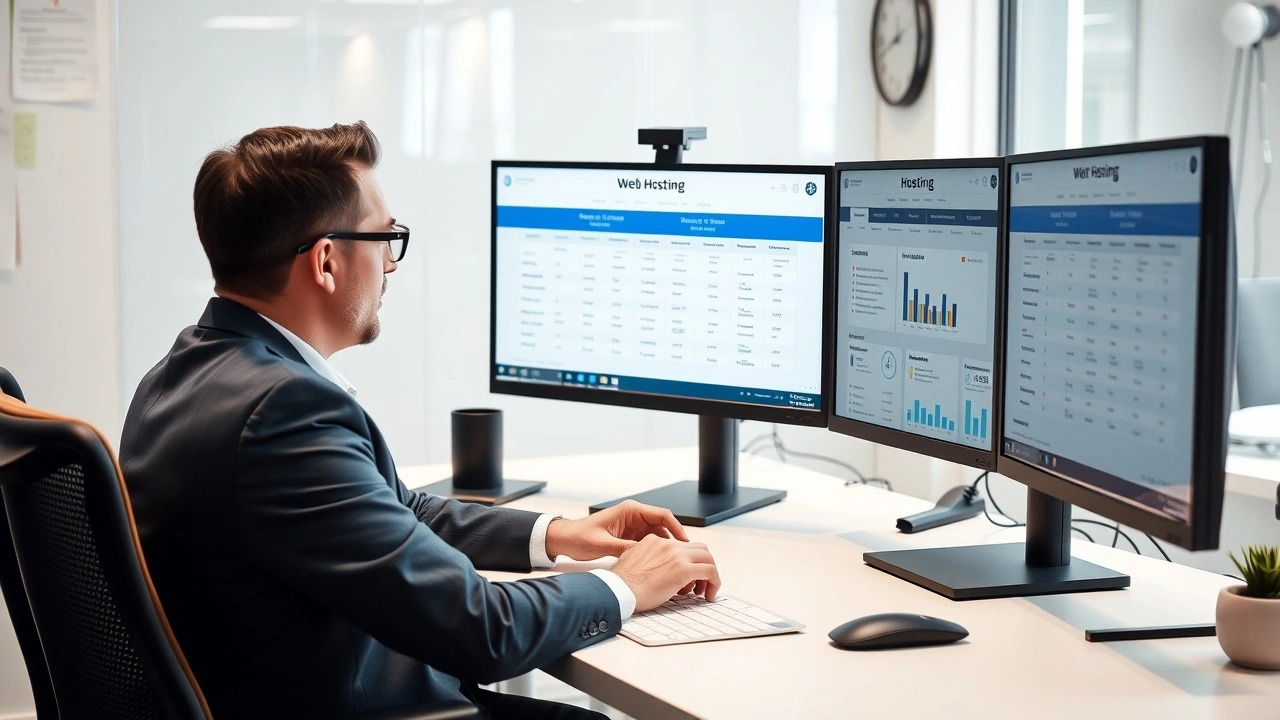 homme d affaires ajustant comparatif hebergeurs sur ecrans