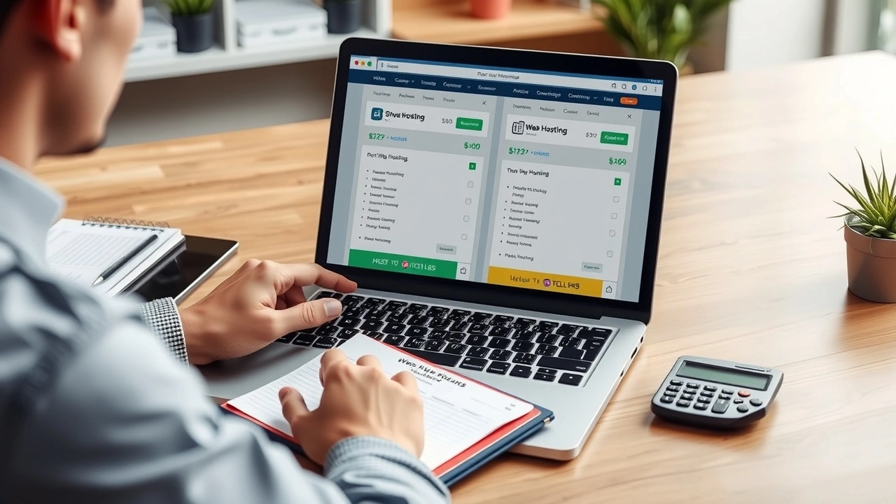 personne comparant des offres hebergement avec ordinateur et calculatrice