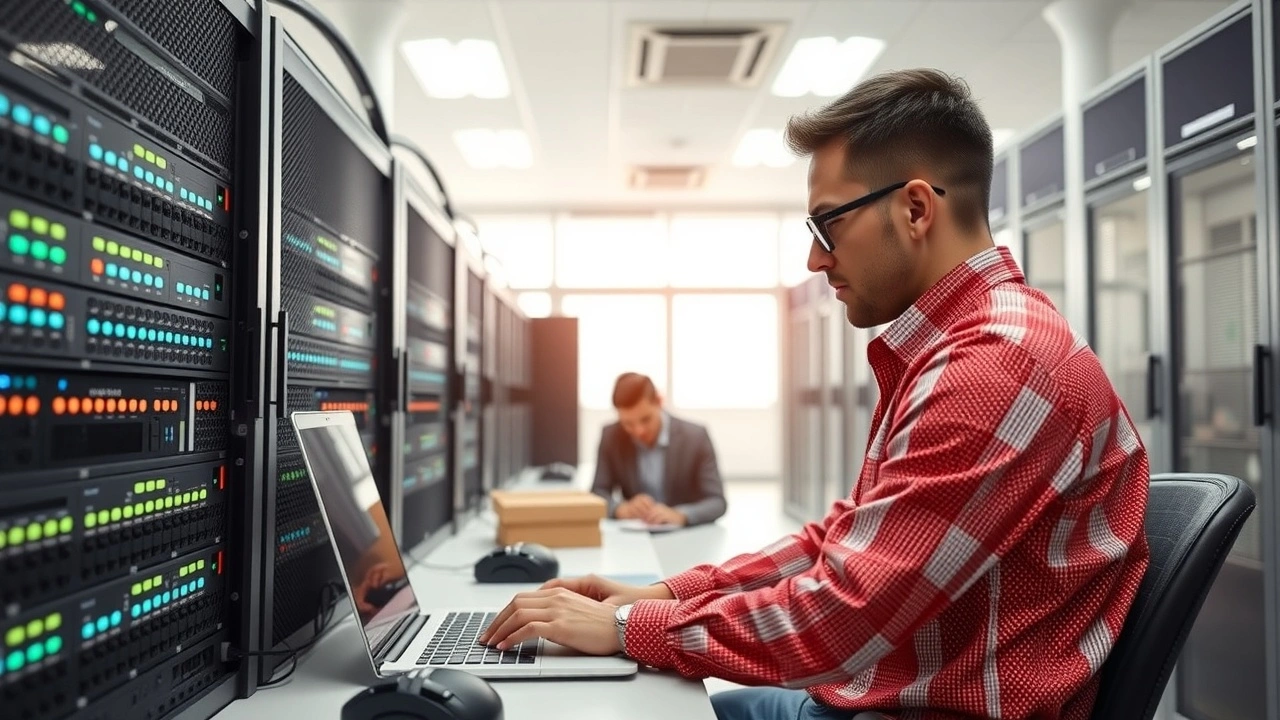 personne configurant un serveur web avec ordinateur et serveurs