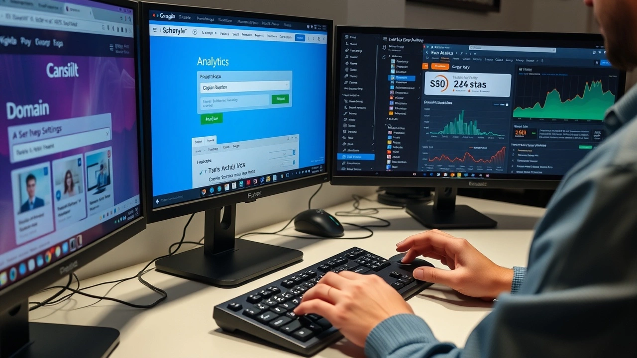 bureau avec ecrans ordinateur configuration nom de domaine seo