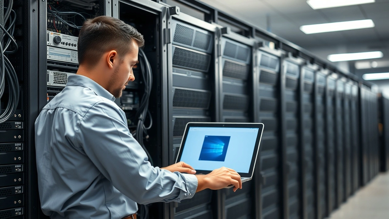 technicien configure un serveur dedie dans un centre de donnees