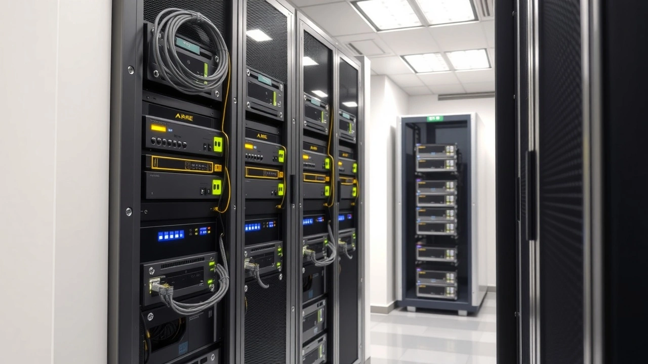 salle de serveurs modernes avec racks et cables reseau