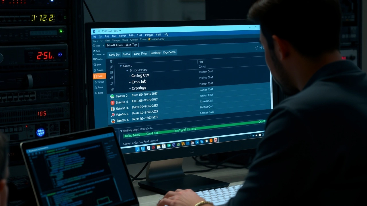 programmateur configurant taches cron sur ecran ordinateur