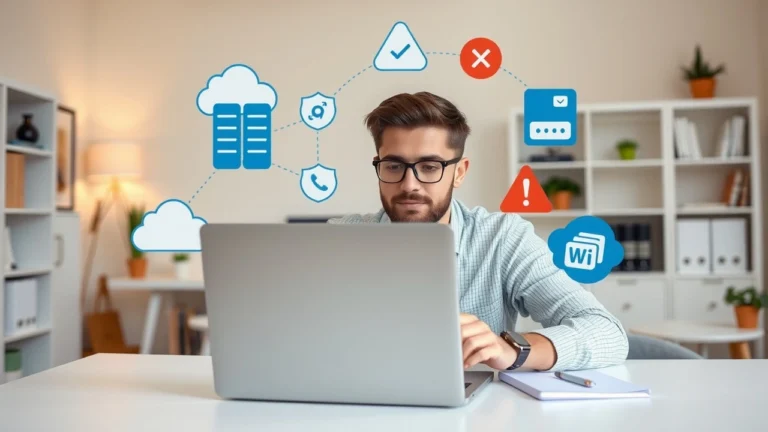 Personne débutante configurant un hébergement web mutualisé dans un bureau moderne