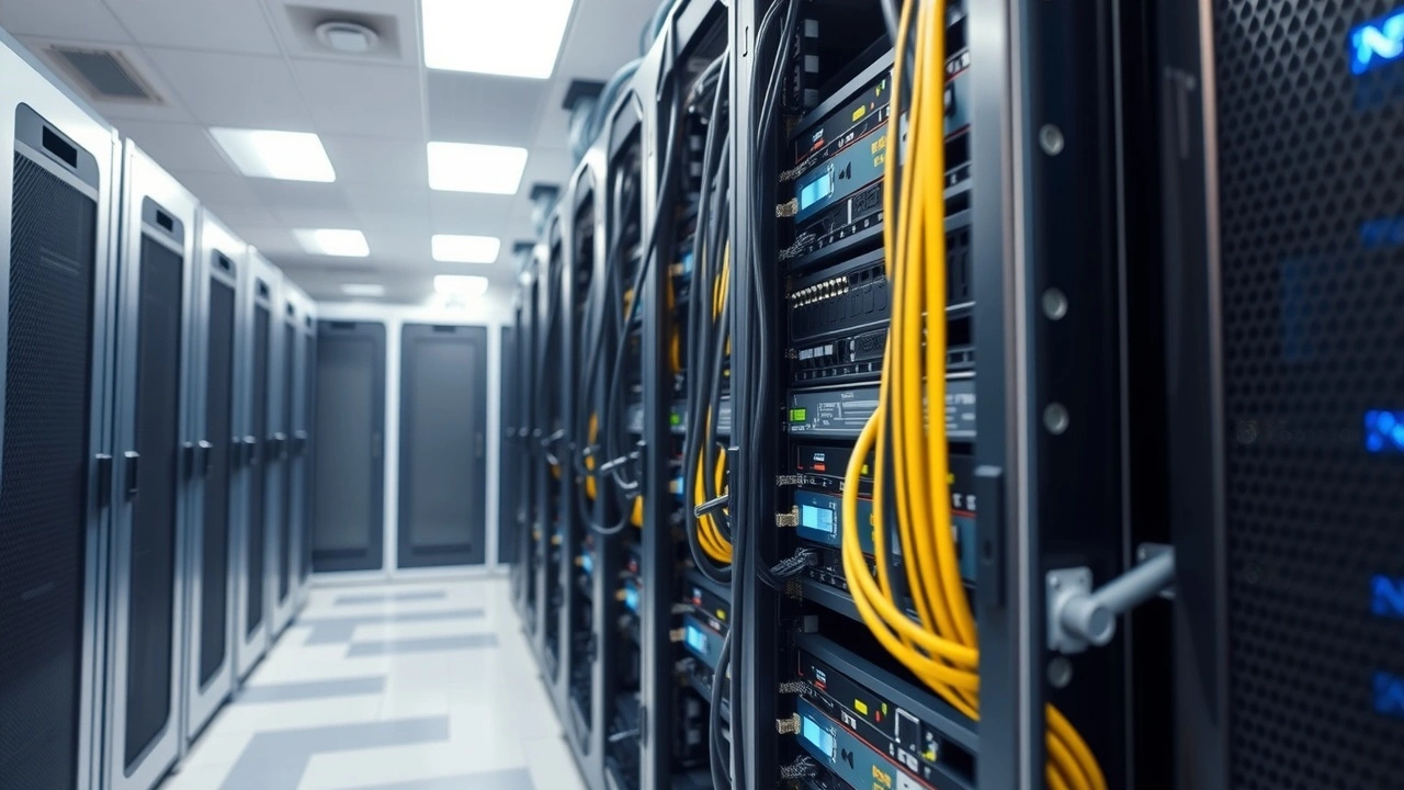 rack de serveurs et cables dans centre de donnees clair