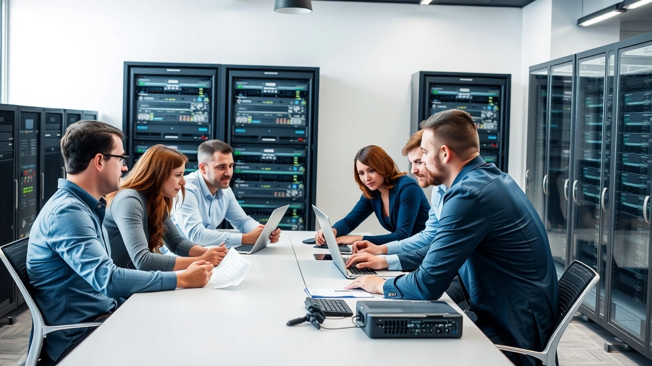 professionnels informatiques evaluant du materiel serveur en equipe