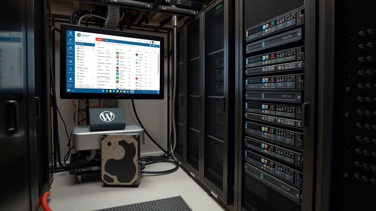 salle serveur avec disques de sauvegarde connectes ordinateur WordPress