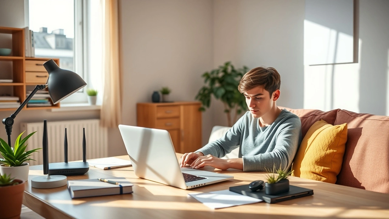 Jeune débutant utilisant un ordinateur dans un bureau simple et lumineux illustrant lhébergement économique et fiable