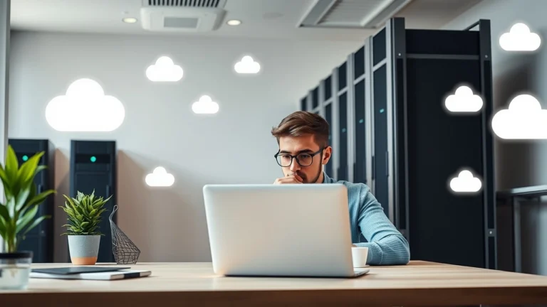 Personne travaillant sur un ordinateur avec des symboles d'hébergement web abordable